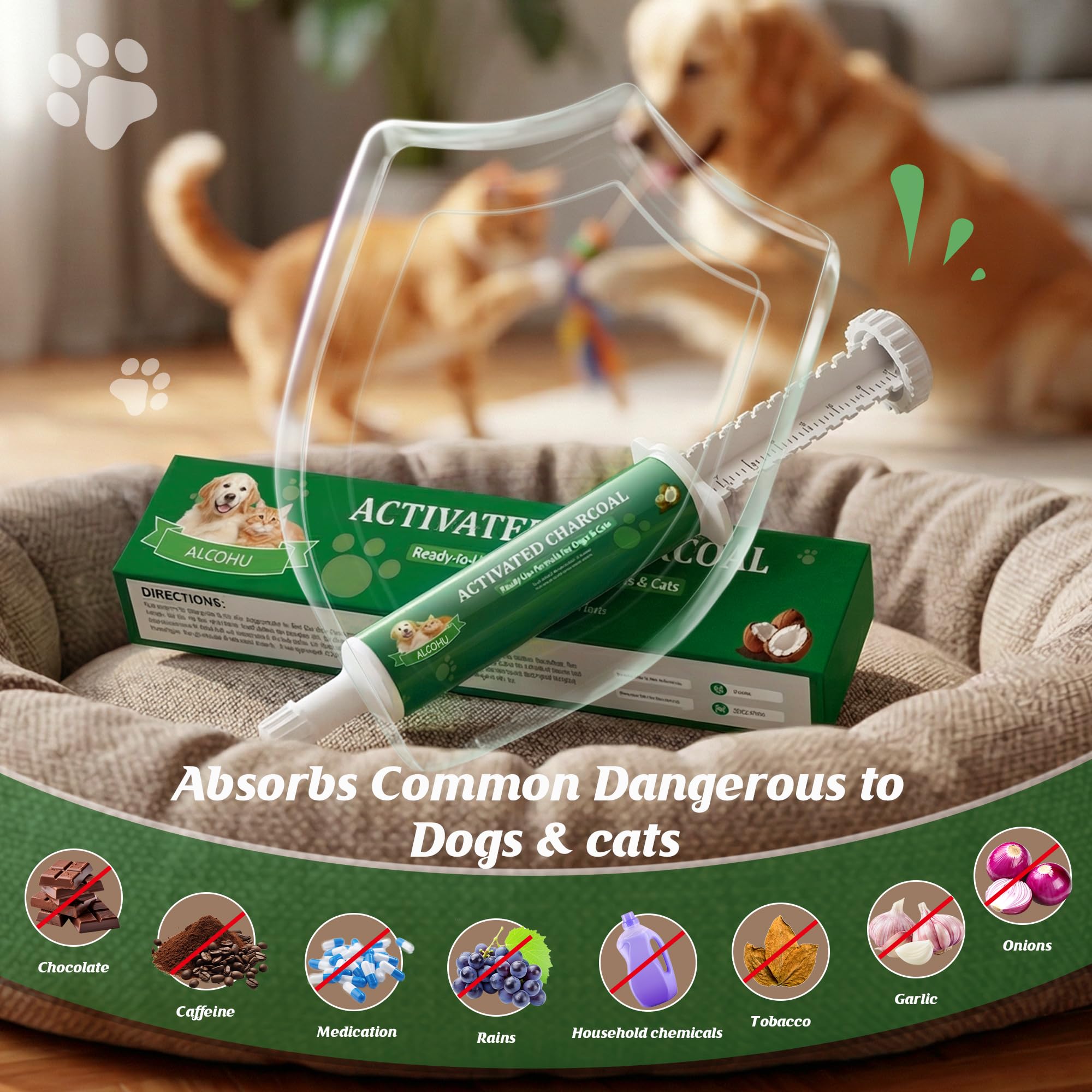 Carbón activado para perros y gatos, kit de emergencia de veneno para mascotas, absorbente de toxinas con carbón de alta actividad y caolín, soporta digestivo de chocolate, uvas, cebollas, uso