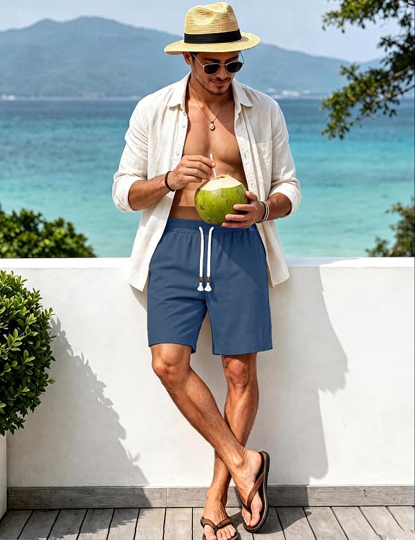 TACVASEN Mens Cotton Linen Blue Grey Shorts Casual 7 Inch Summer Beach by TACVASEN - Used condition - Image 3