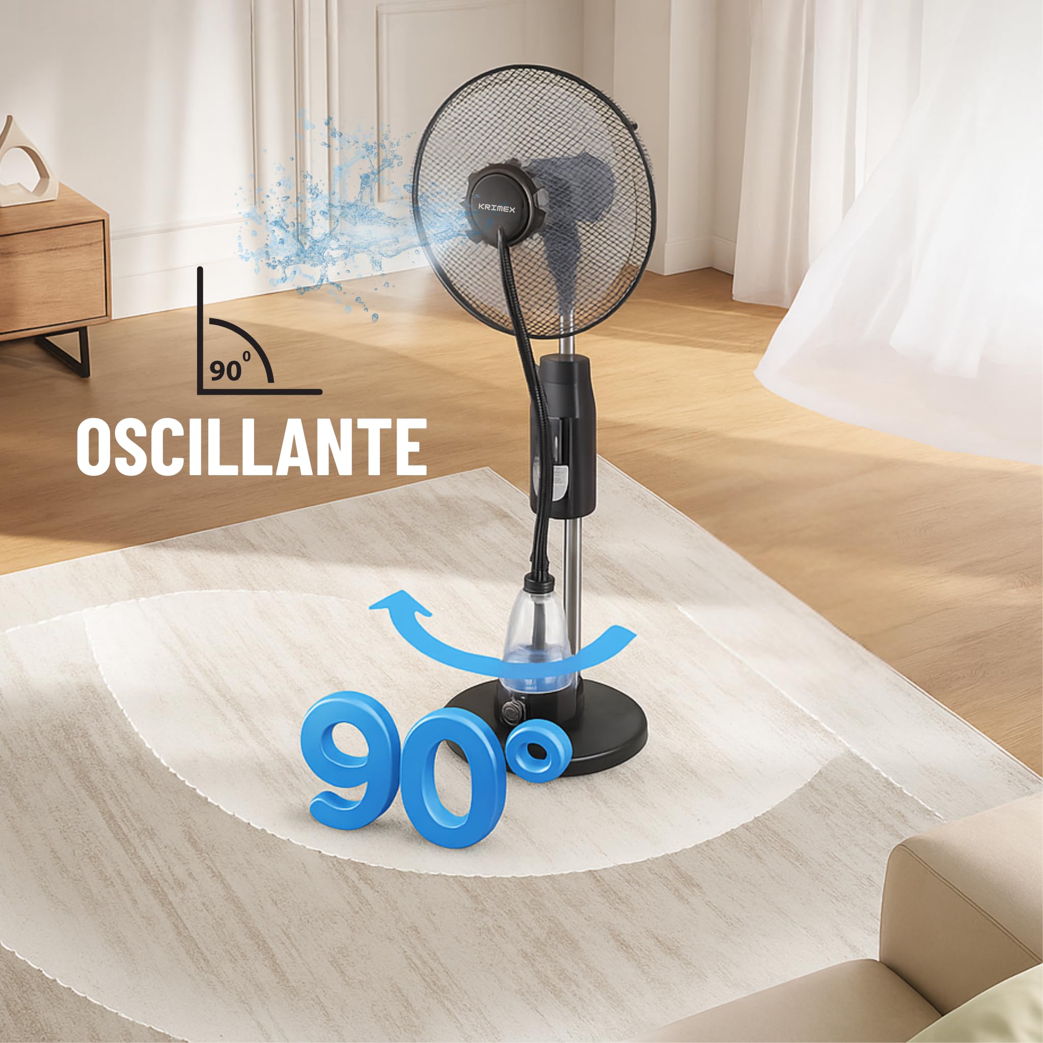 Ventilatore con Acqua Nebulizzatore Silenzioso 70 Watt con Telecomando 2 Litri Serbatoio 3 Velocità Oscillante Potente Economico