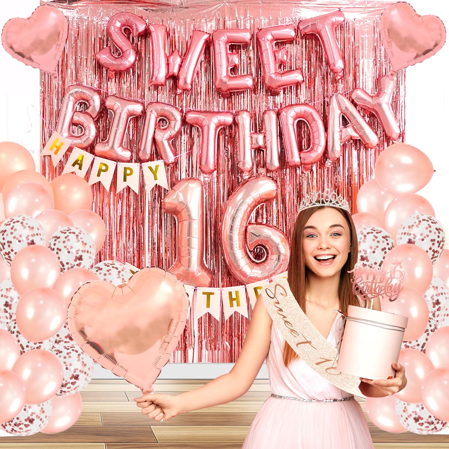 YGSEPCC Sweet 16 Party Decorations, 16th Birthday Decorations for Girls Rose Gold Foil Balloons Party Supplies, Tiara Tassel Curtains Sash Balloons