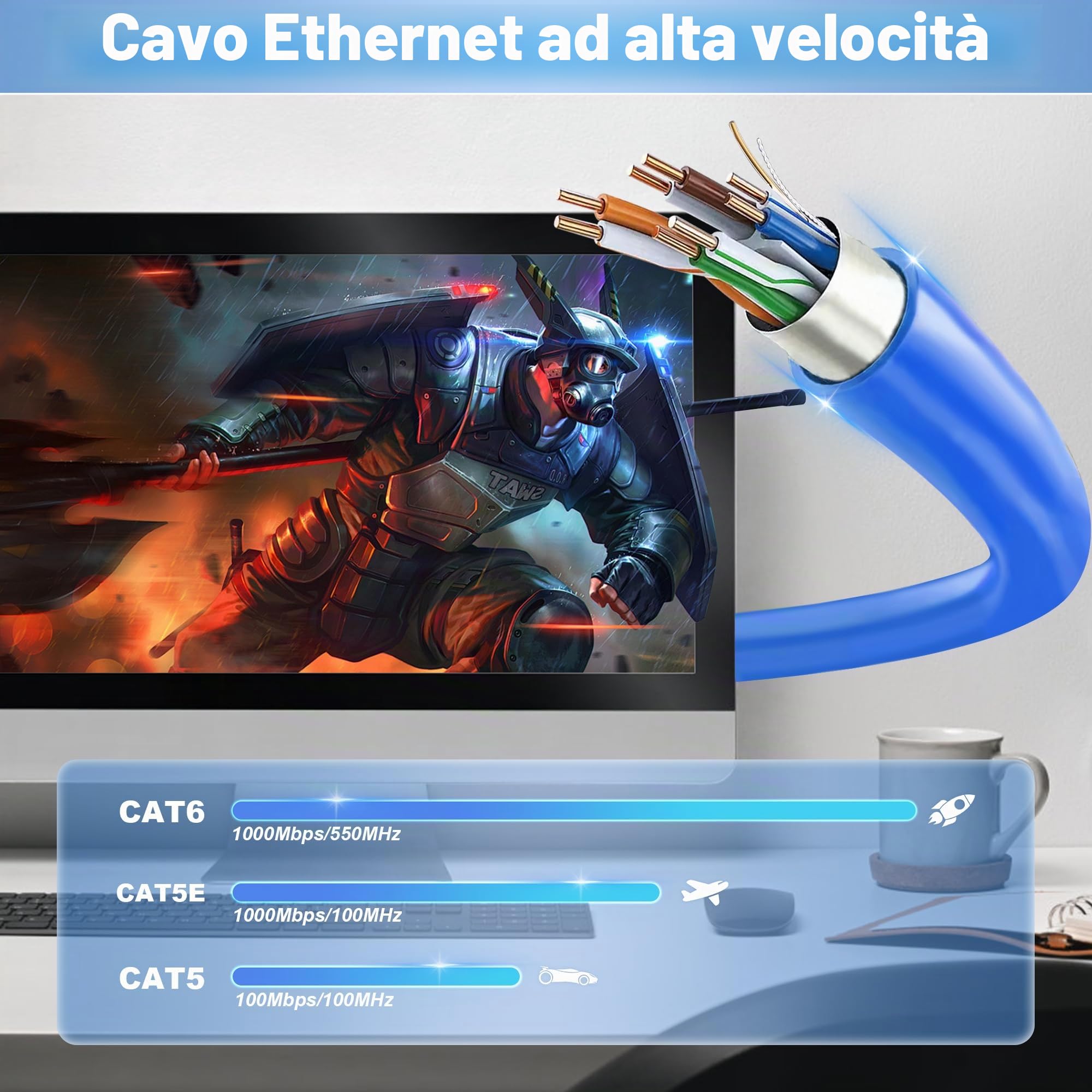 MEIPEK Cat6A Cavo Ethernet 100 metri, FTP Schermato Cavo di Rete 100m, Interno/esterno Impermeabile Sepoltura Diretta Cavo Internet, 24AWG Gigabit Cavo LAN Lunghezza personalizzabile(0-100m)