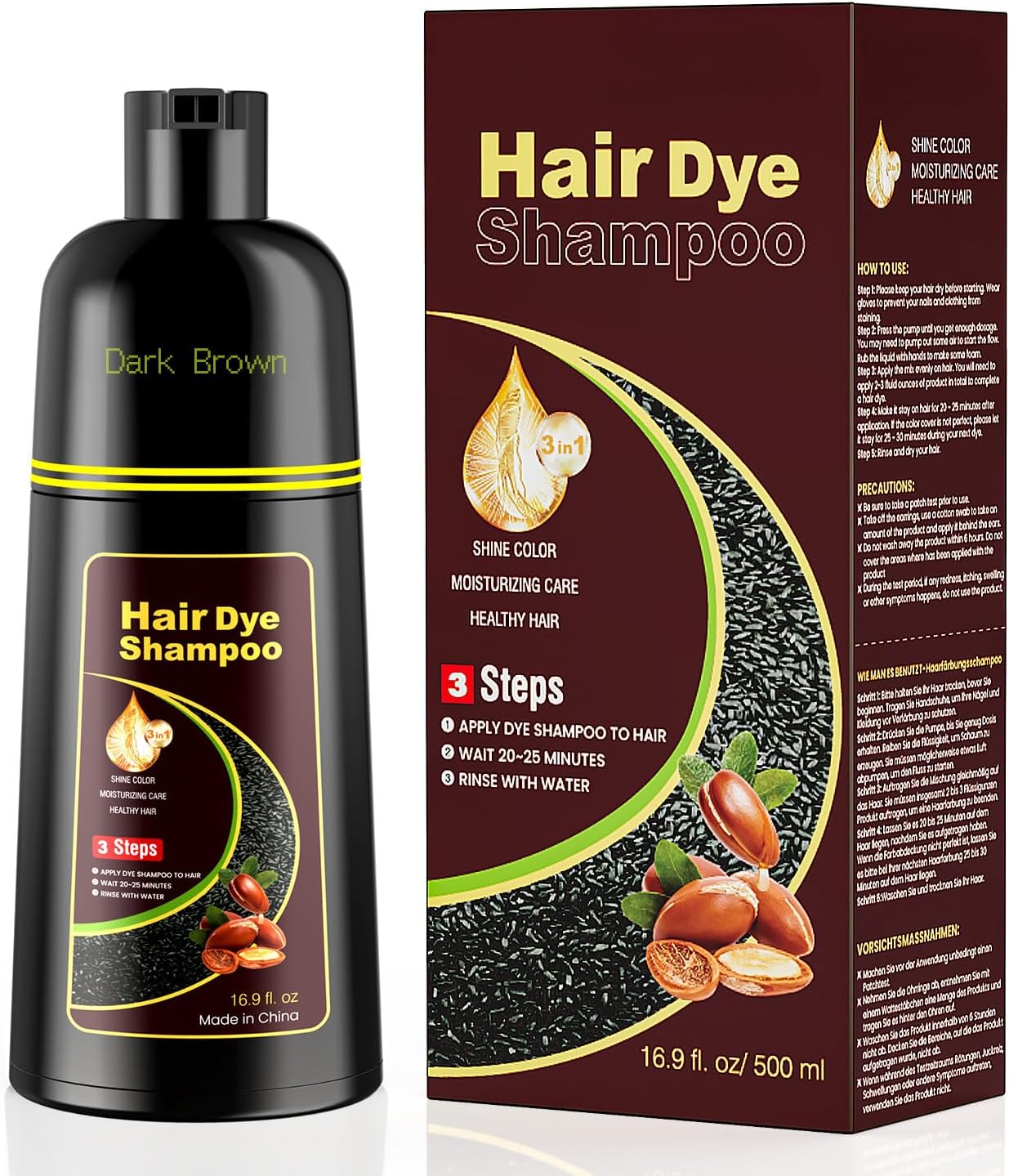 Dark Brown Hair Dye Shampoo 3 in 1,Hair Color Shampoo Covers Gray Hair for Women and Men (16.9 fl.oz Dark Brown)