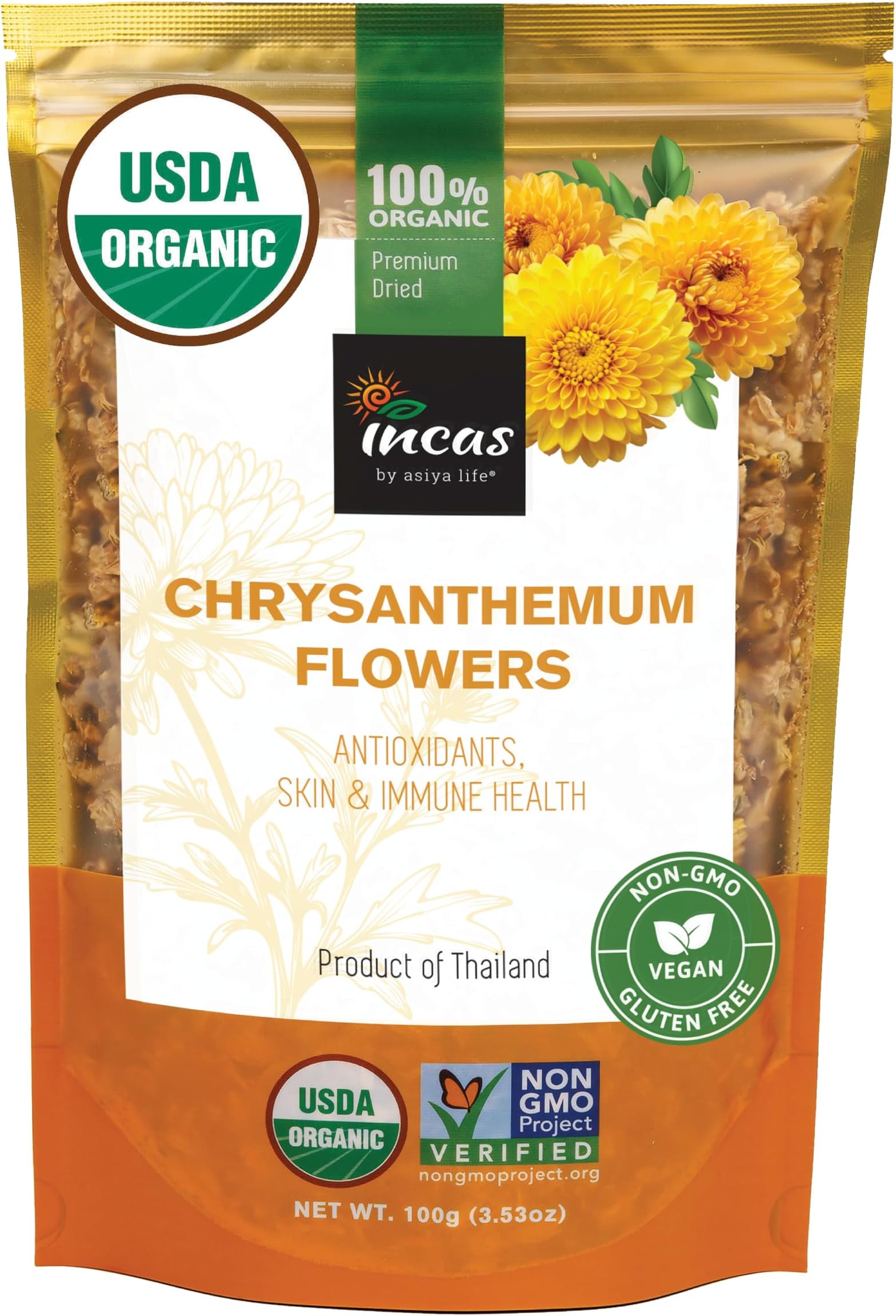INCAS 100% USDA Organic Chrysanthemum Tea 3.53 oz (100 g) Non GMO Verified Dried Flowers Caffeine Free Gluten Free Vegan Rich in Antioxidants Sourced from Thailand