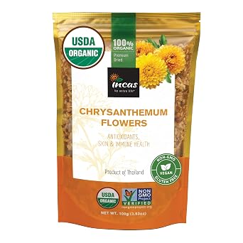 INCAS 100% USDA Organic Chrysanthemum Tea 3.53 oz 100 g Non GMO Verified Dried Flowers Caffeine Free Gluten Free Vegan Rich in Antioxidants Sourced from Thailand
