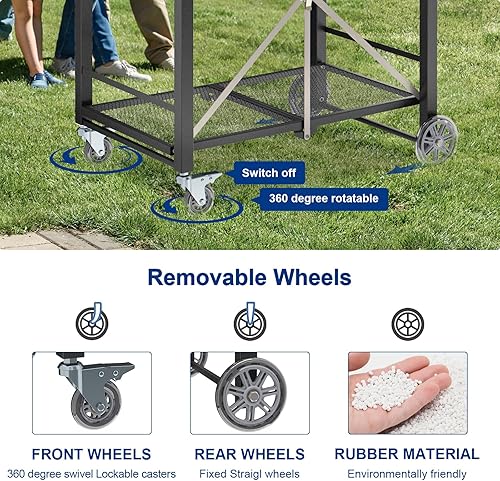 Miniatura 5 de Carrito plegable para parrilla al aire libre, mesa portátil de barbacoa de acero inoxidable con 2 ruedas de bloqueo, soporte para horno de pizza,