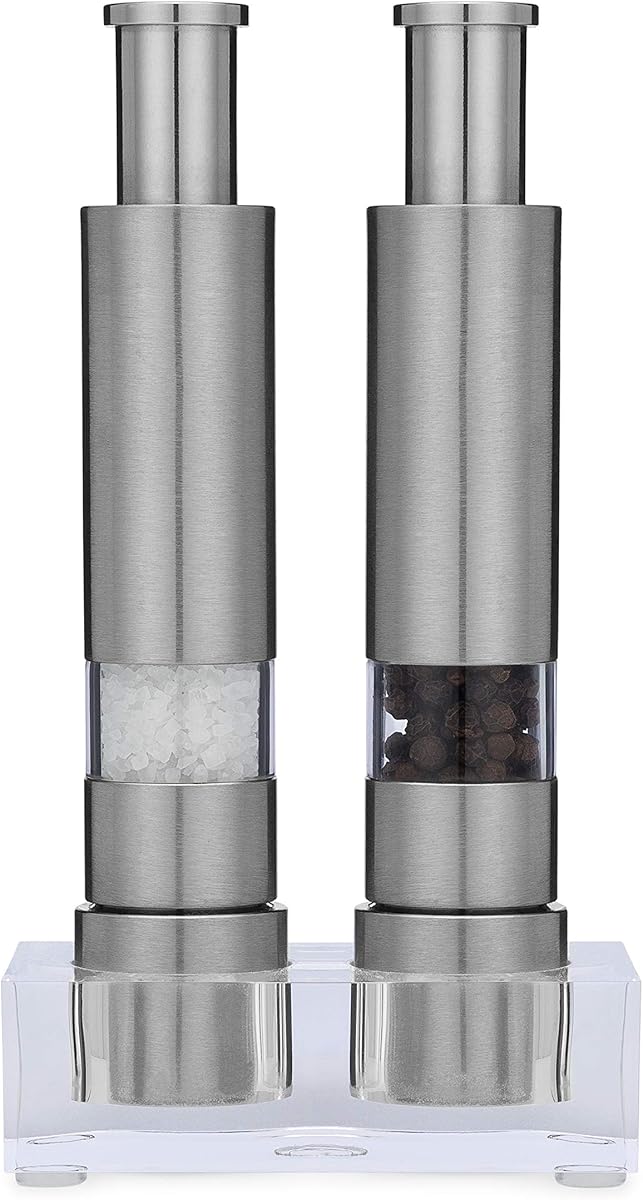 Grind Gourmet Salt and Pepper Grinder Set, Original Pump & Grind Peppermill are Refillable, Modern Thumb Press Grinder, Works With Black Pepper, Sea Salt, Himalayan Salts, Stand Included