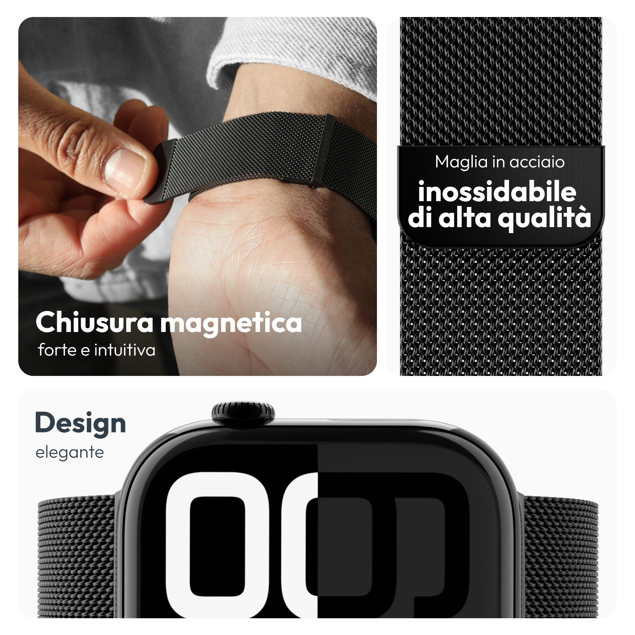 VONMÄHLEN Milanese Loop 2 - Elegante cinturino in acciaio inox con chiusura magnetica, regolabile di alta qualità, compatibile con Apple Watch