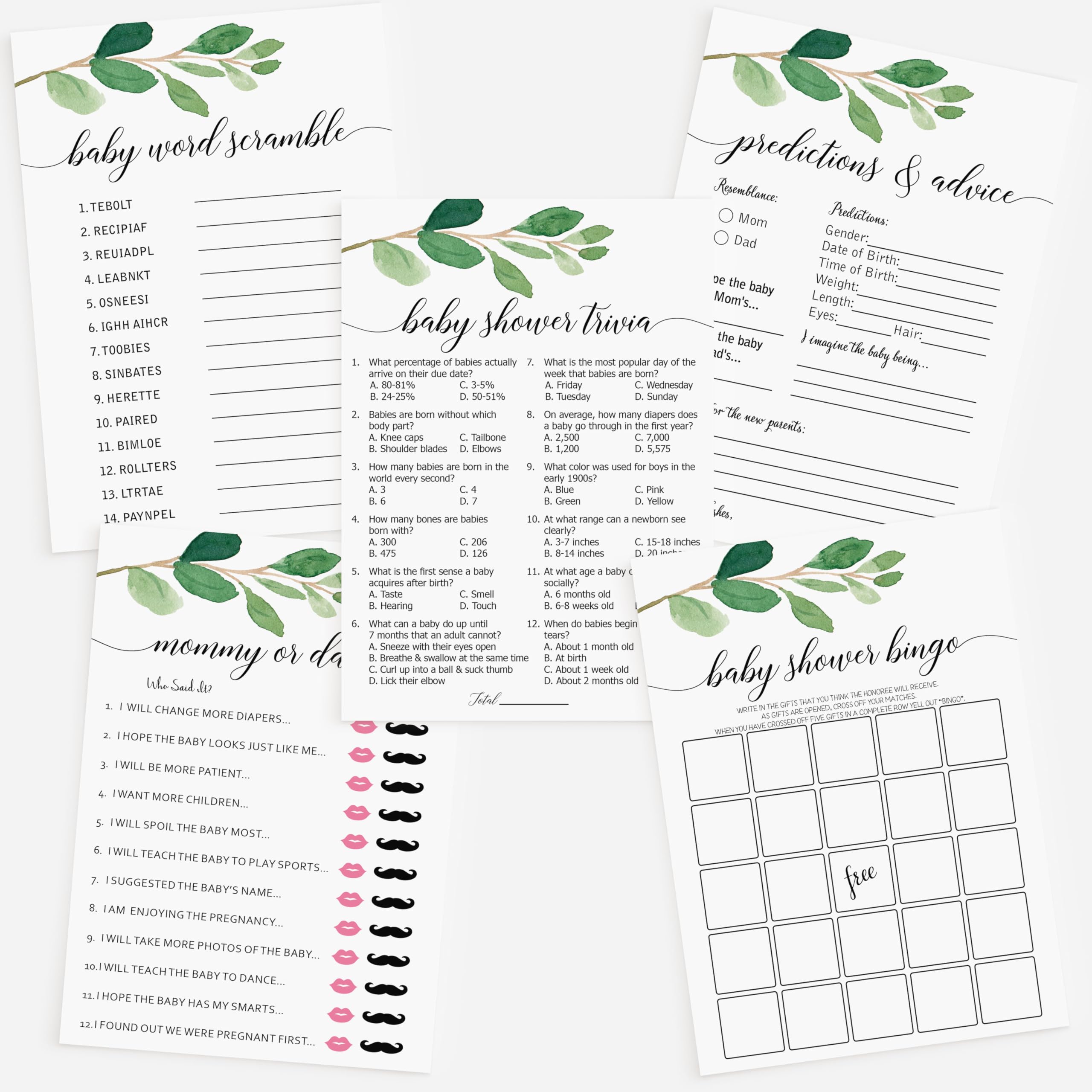 250 Greenery Baby Shower Games (Set of 5 Fun Activities for 50 Guests) Trivia, Who Knows Mommy Best, Who Said It?, Gift Bingo, Predictions and Advice, Unisex Gender Neutral Boy or Girl Eucalyptus Sage