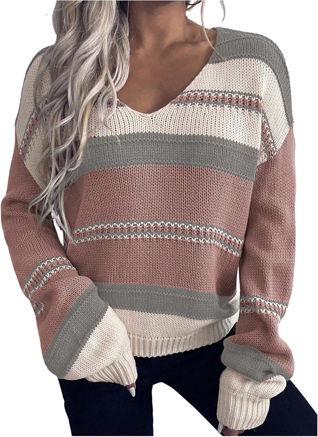 Verdusa Women's V Neck Striped Sweater Cozy Color Block Off The Shoulder Pullover Sweaters