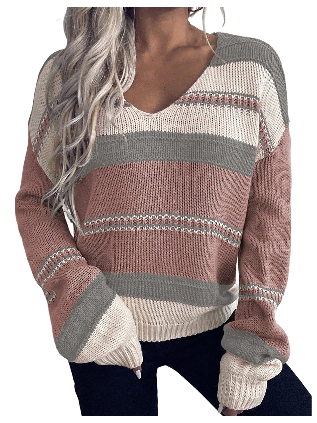 Verdusa Womens V Neck Striped Sweater Cozy Color Block Off The Shoulder Pullover Sweaters