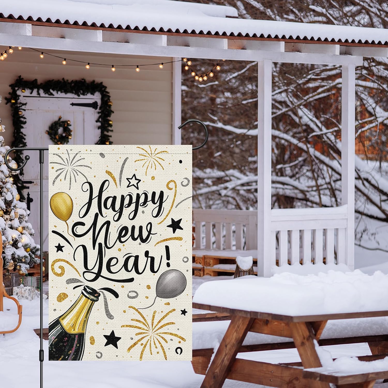 Heyfibro Happy New Year Garden Flag 12x18 Inch Double Sided Burlap Firework Christmas Champagne Balloon Celebration Banner for Winter Holiday Party Yard Outdoor Decoration(ONLY FLAG) - Image 2
