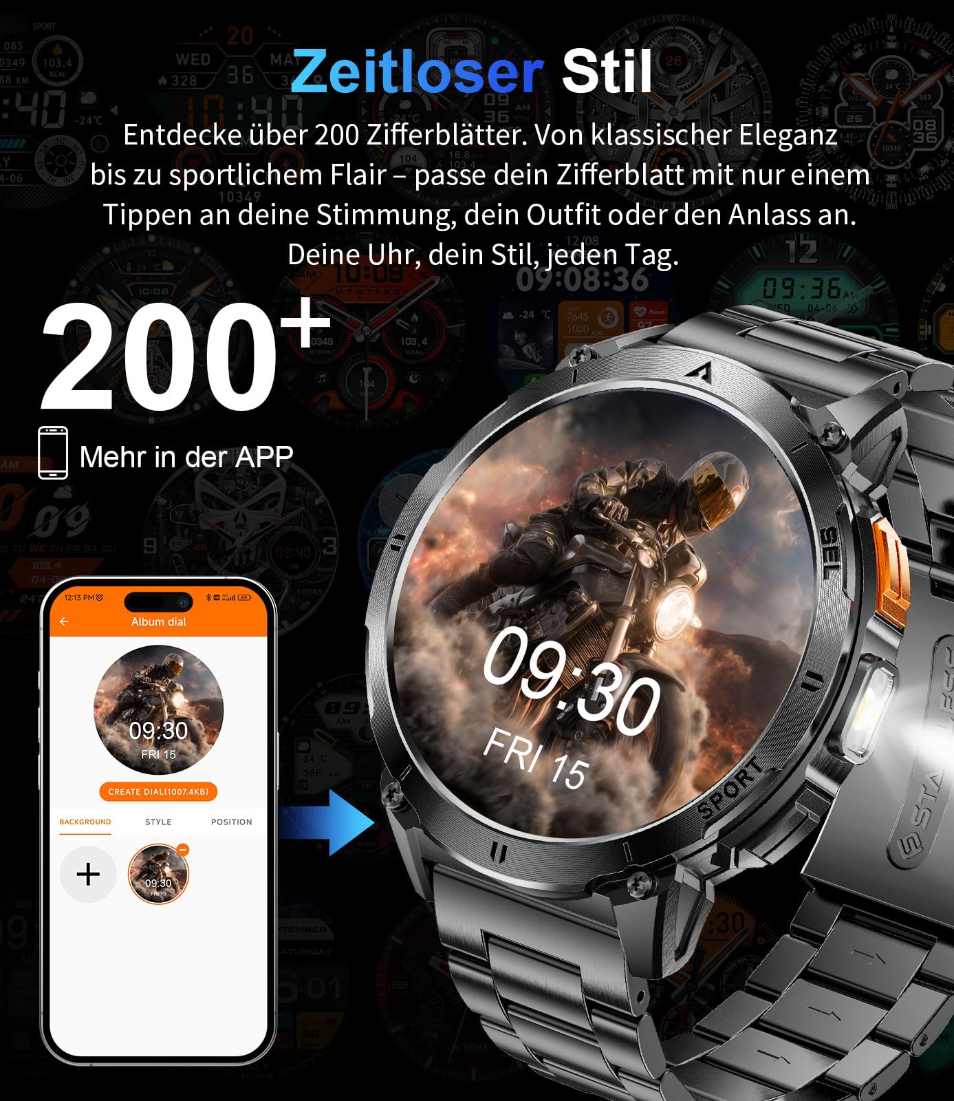 Smartwatch Herren Militär mit LED-Licht, 1,62 Zoll AMOLED Display Fitnessuhr mit Telefonfunktion, 730mAh Akku, 24/7 Herzfrequenz/Schlafmonitor, 119 Sportmodi Sportuhr für iOS Android, 2 Uhrenbänder