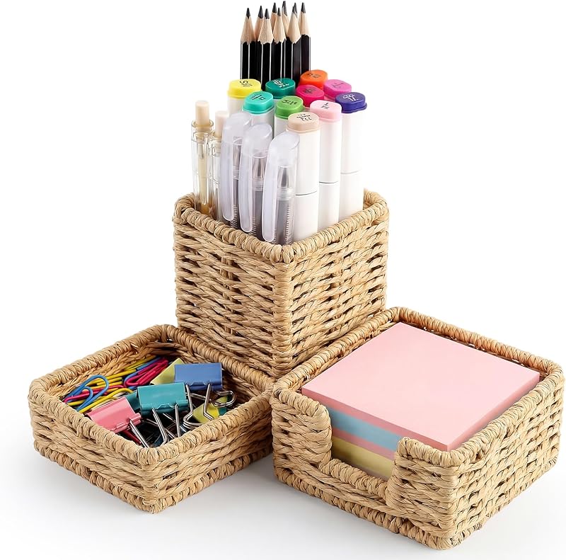 Khaki Paper Rope Woven Desk Organizer Set of 3 Natural Desktop Accessories Pencil Pen Cup Paper Clip Storage and Sticky Note Holder for Women Men Farmhouse Office Home Desktop Table Decor