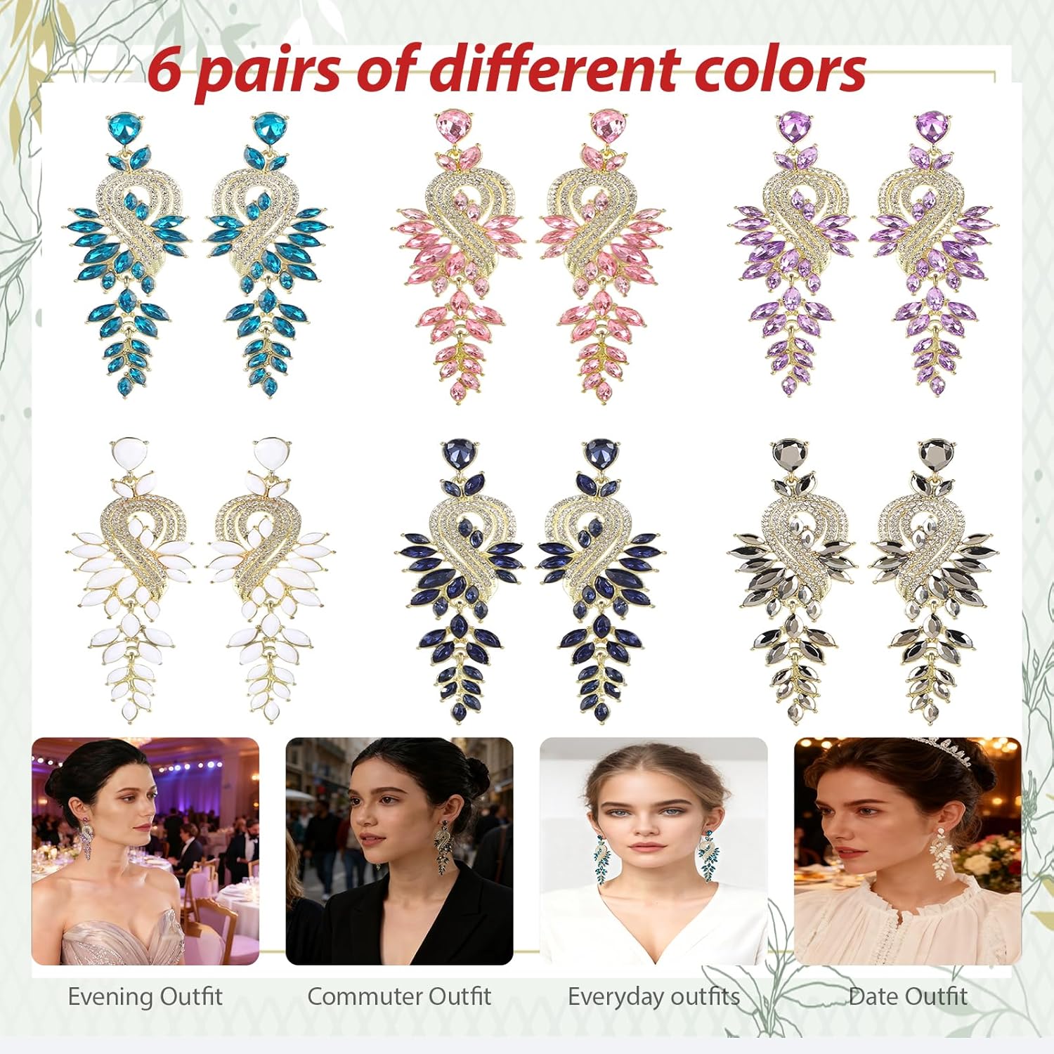Gorgoos 6 Pairs Leaf Design Drop chandelier Earrings dangle with Crystal Accents Bridal Wedding Evening Party Jewelry for Women ﻿ - Image 4