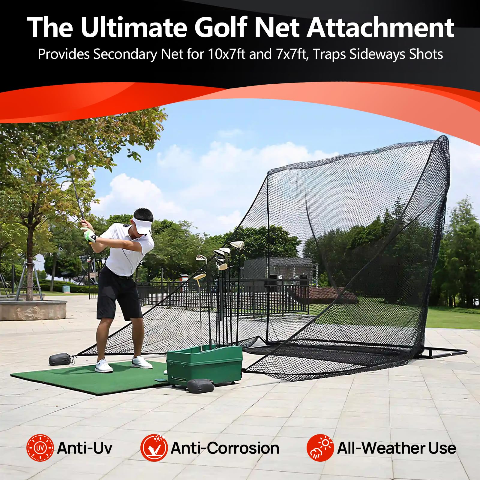 Golfschlagnetz, Schaft-Netzbefestigung, 2,8 x 3,4 x 2,1 m, robustes Seitennetz, Barrierennetz für Golf, Baseball, Hockey mit Sandsack
