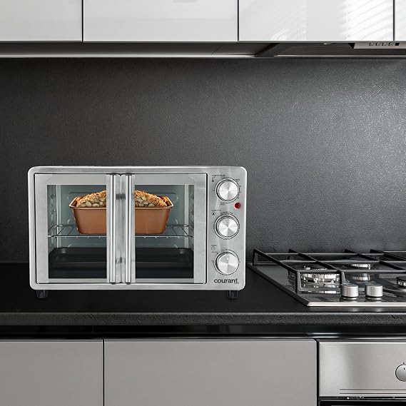 Courant French Door Convection Toaster Oven & Broiler, Bake Broil Toast Oven, Fits 9x13 Aluminum Baking Pan, 6-Slices, 10 Pizza, Convection Oven - Stainless Steel
