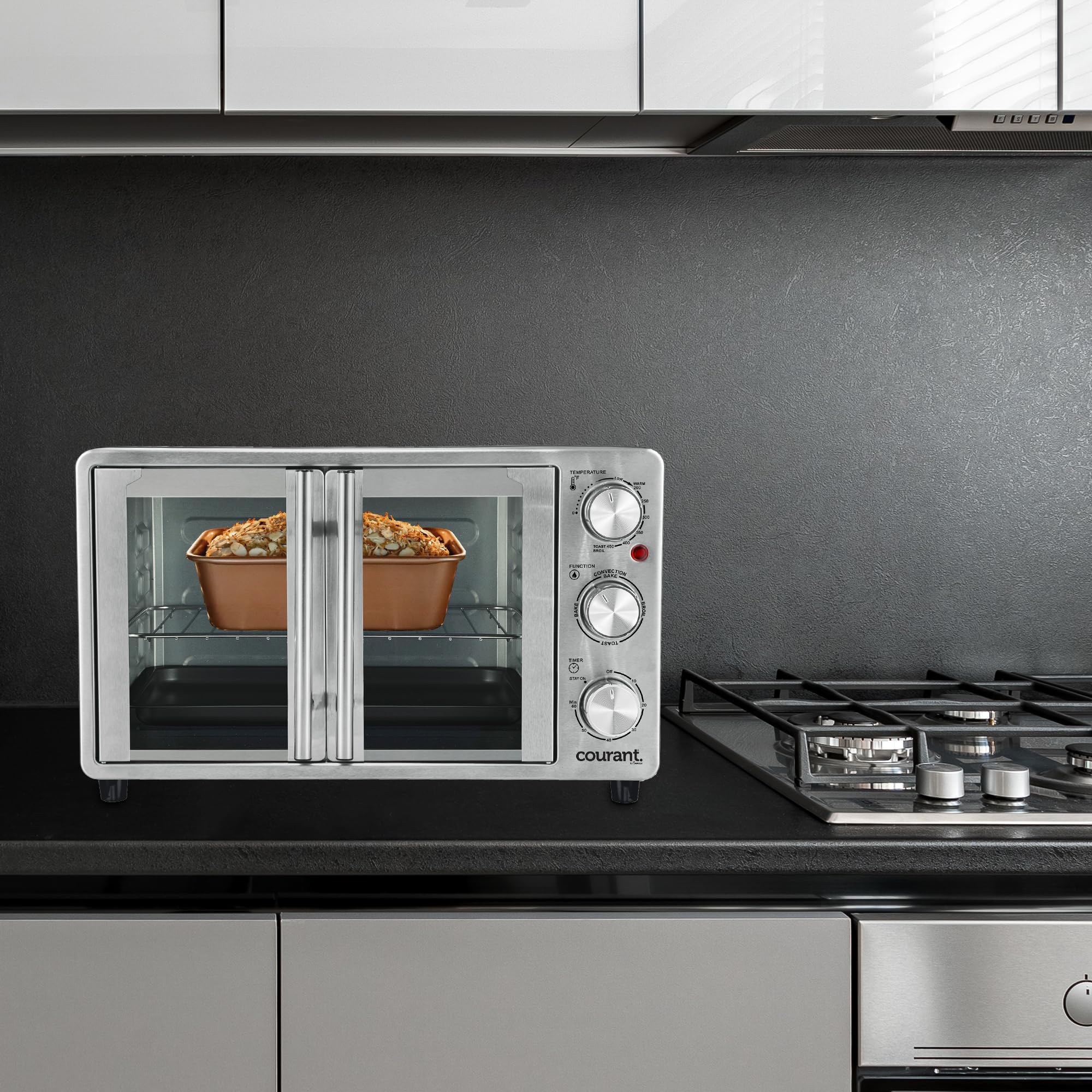 Horno tostador de convección y asador de puerta francesa, horno tostado, se adapta a bandeja de aluminio de 9 x 13 pulgadas, 6 rebanadas, pizza de 10 pulgadas, horno de convección - acero 3