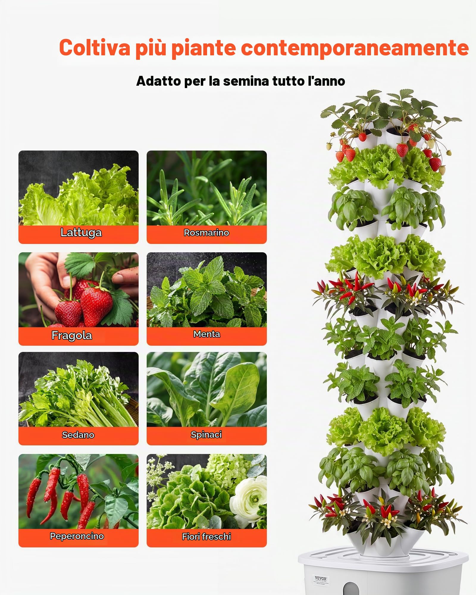 VEVOR Torre idroponica, 50 Pods, Hydrotower a 10 Livelli, Kit di Sistema di Coltivazione idroponica con Controllo App, Ruote, Serbatoio dell'Acqua da 20 Litri e Pompa, Torre idroponica per Erbe