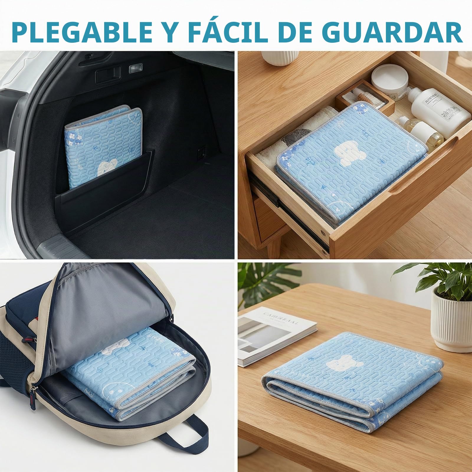 Qoosea Alfombra Refrescante para Perros 50x70cm, Lavable a Máquina - Diseño Osito Azul, Colchón en Tela de Seda Helada & Relleno de Látex, con Puntos Antideslizantes, para Casa y Coche
