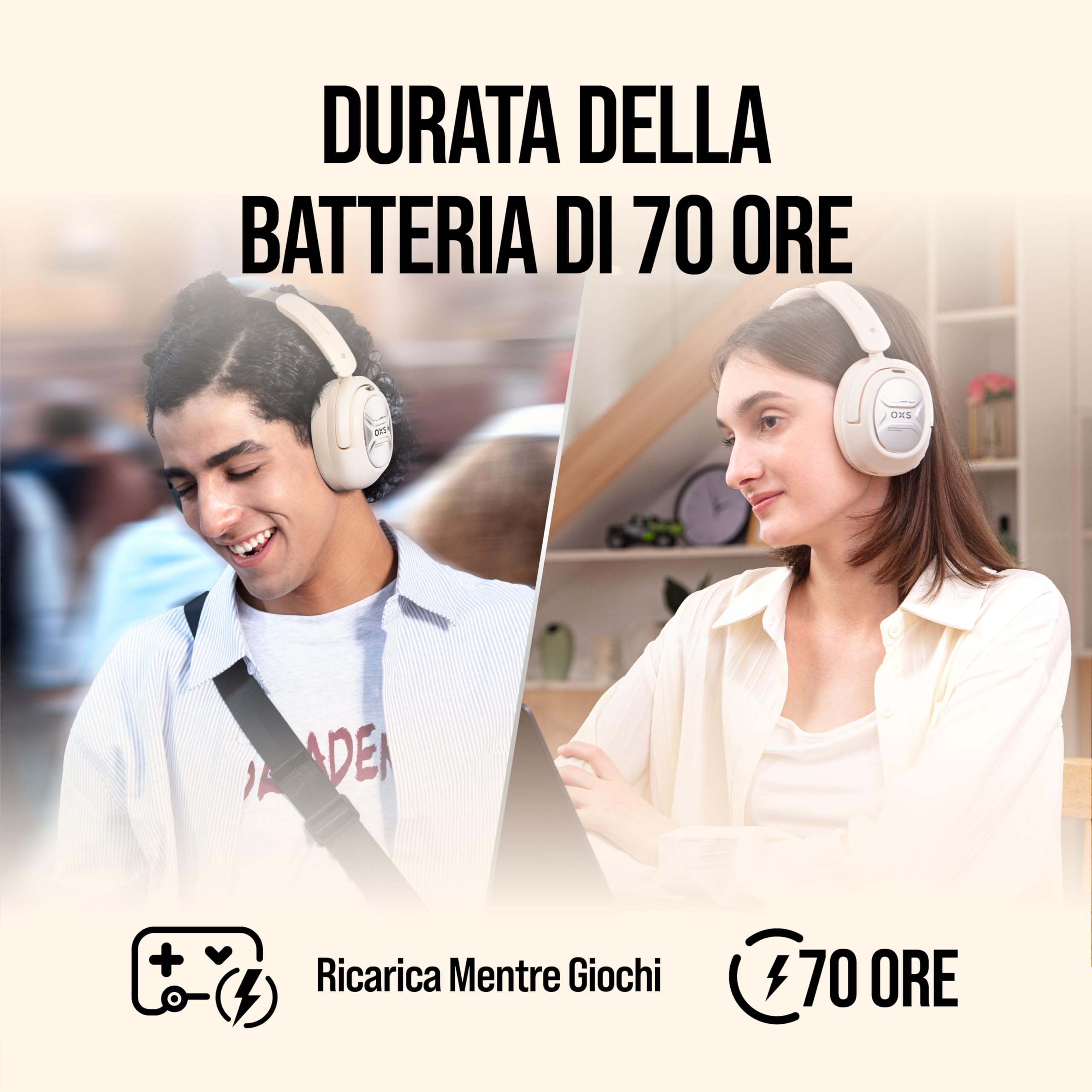 OXS Storm A2 Cuffie da Gioco Wireless, Cancellazione Attiva del Rumore, Bluetooth 5.4 & Bassa Latenza 2,4 GHz, Doppia Modalità EQ, 70 Ore di Batteria, per PC, PS4, PS5, Switch e Cellulare, Bianco