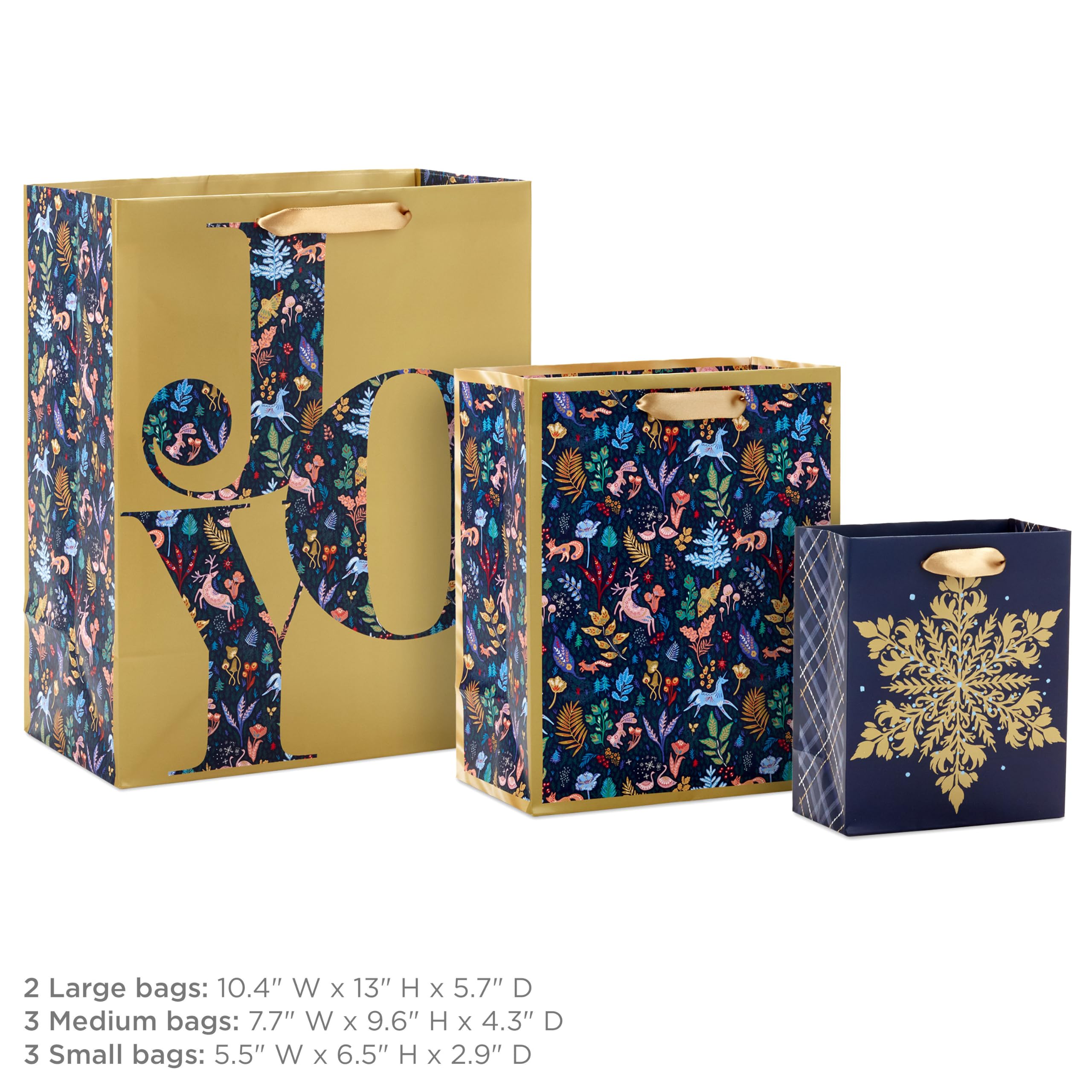 Hallmark Verschiedene Feiertags-Geschenktüten (8 Tüten: 3 kleine 15,2 cm, 3 mittelgroße 22,9 cm, 2 große 33 cm), Winterwaldfreude, Marineblau, Gold