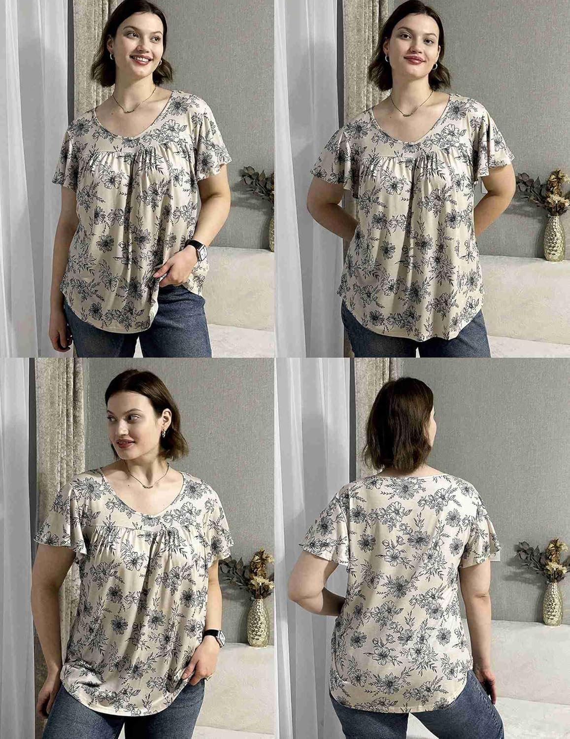 IN'VOLAND Plus Size Womens Ruffle Sleeve Tunic Tops V Neck Summer Shirts Floral Print Tops Dressy Blouse - Image 2