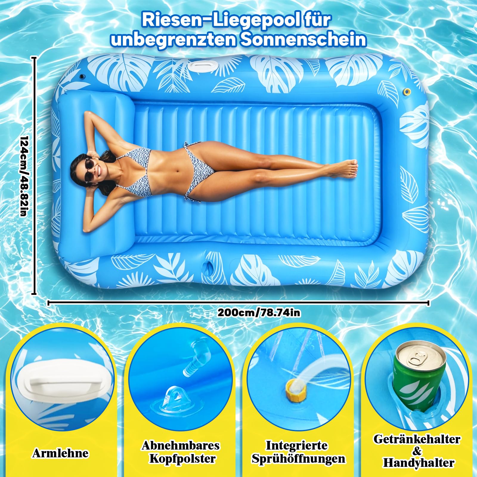 Tanning Pool mit Eingebautem Sprinkler, Luftmatratze Schwimminsel mit Getränkehalter, Griff und Rückenlehne, Amphibisch Luftmatratze Wasser Erwachsene Geeignet für Schwimmbäder, Strände, Gärten