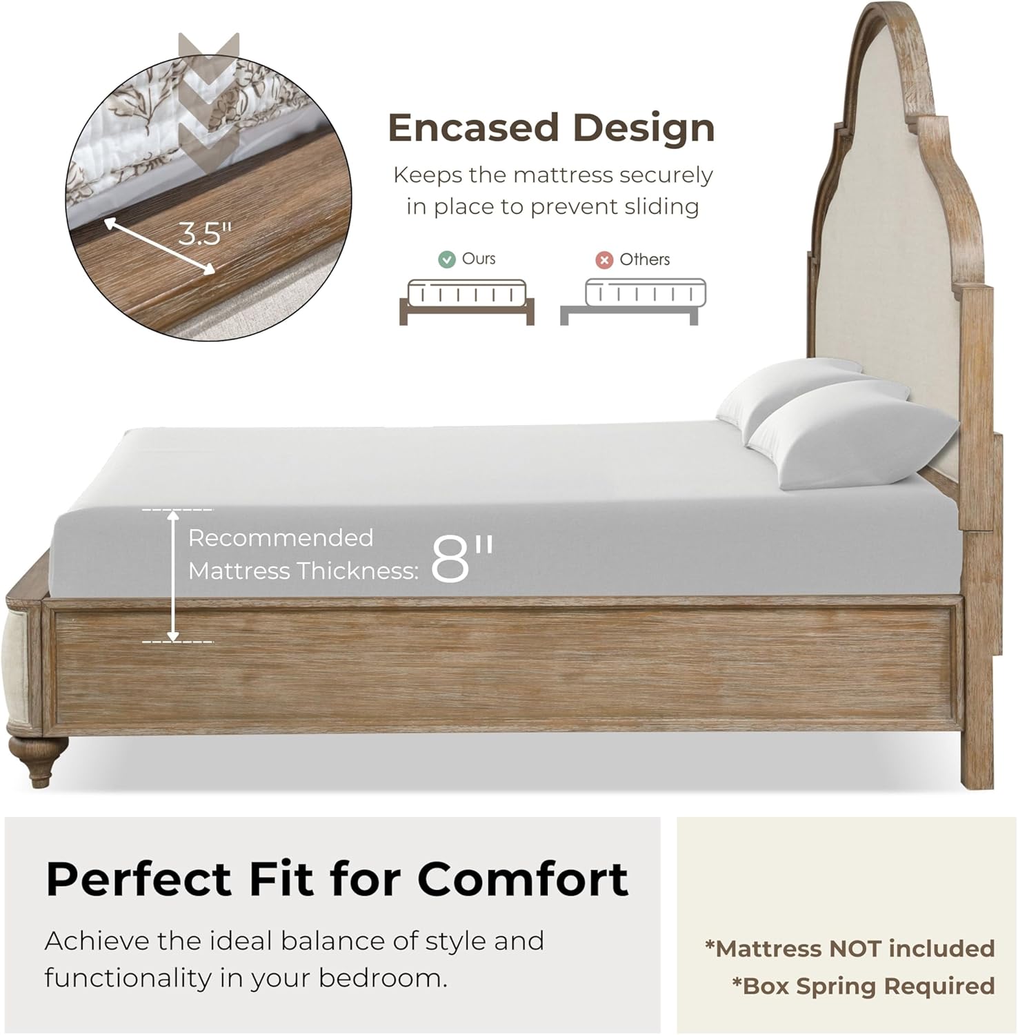Furniture of America Weile Art Deco Solid Wood 88-inch Panel Bed with Upholstered Headboard and Footboard, Box Spring Required for Bedroom, Guest Room, King, Rustic Oak