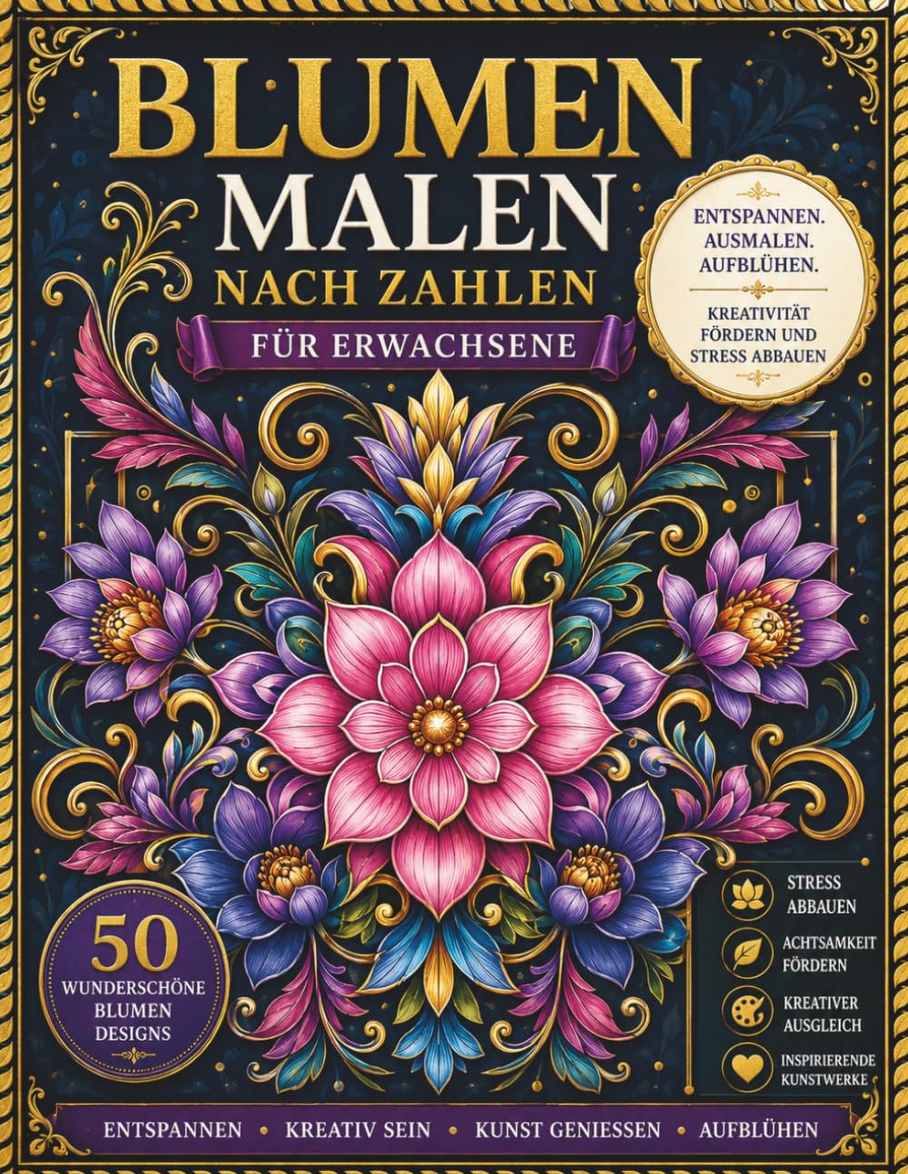 Blumen Malen nach Zahlen für Erwachsene: 50 Wunderschöne Blumenmotive zum kreativen Entspannen und einfachen Ausmalen nach Zahlen