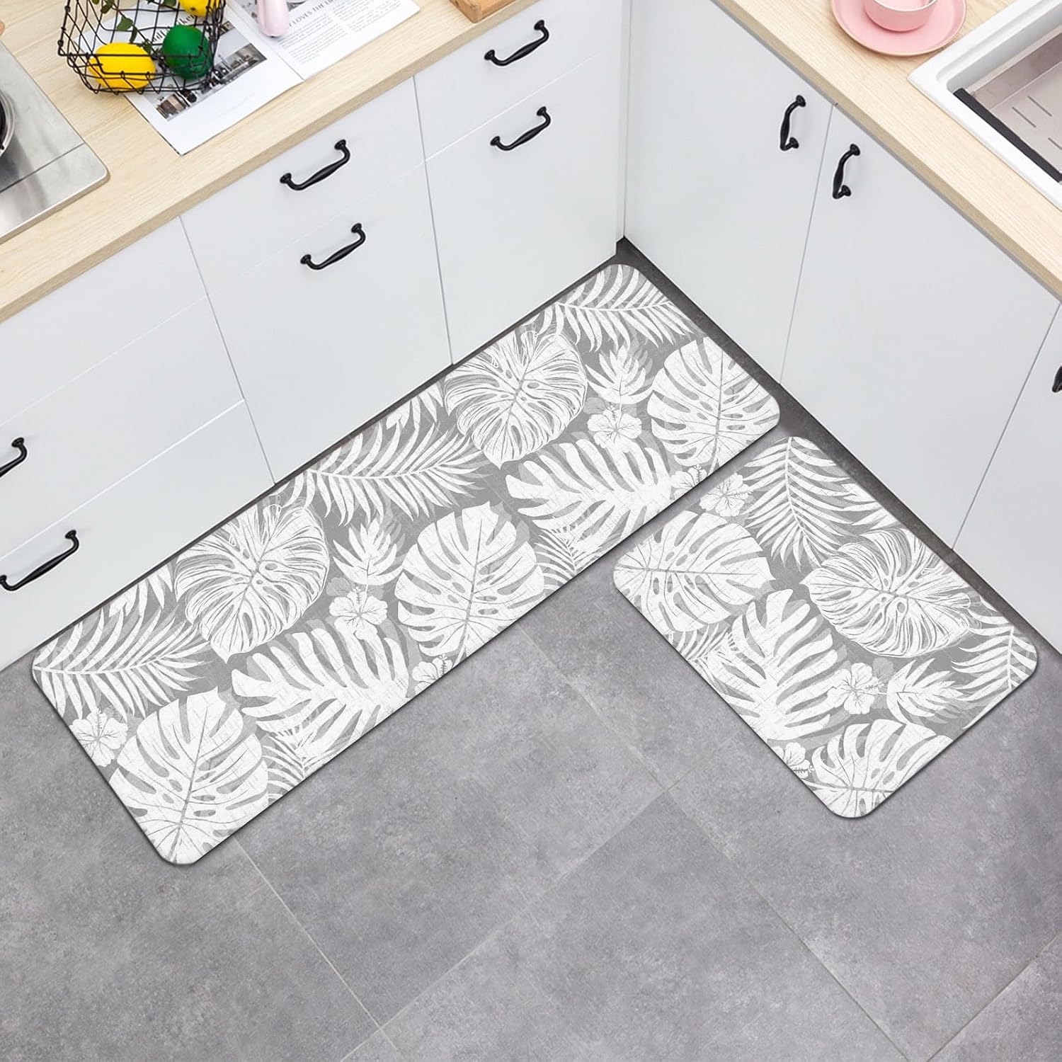 Light Grey Palm Leaves Kitchen Mats Set of 2 Tropical Botanical Modern Minimalist Non Slip Mat Washable Floor Rug for Kitchen Sink Floor Laundry, 15.7"x23.6"+15.7"x47.2"