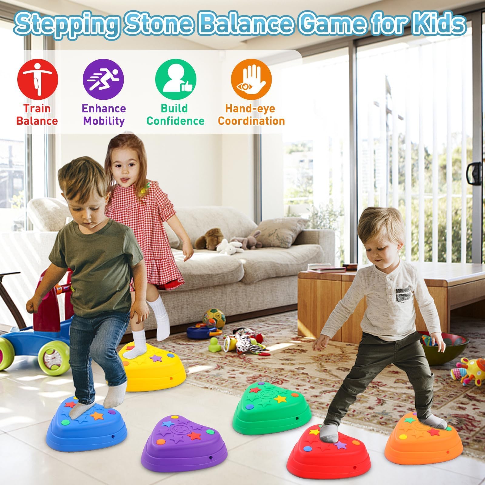 Balanciersteine für Kinder, 6er Set Stapelsteine Balancieren fördert Balance & Koordination, Indoor & Outdoor Flusssteine, Stepping Stones Rutschfest Stapelbar, Trittsteine für Schulen Kitas