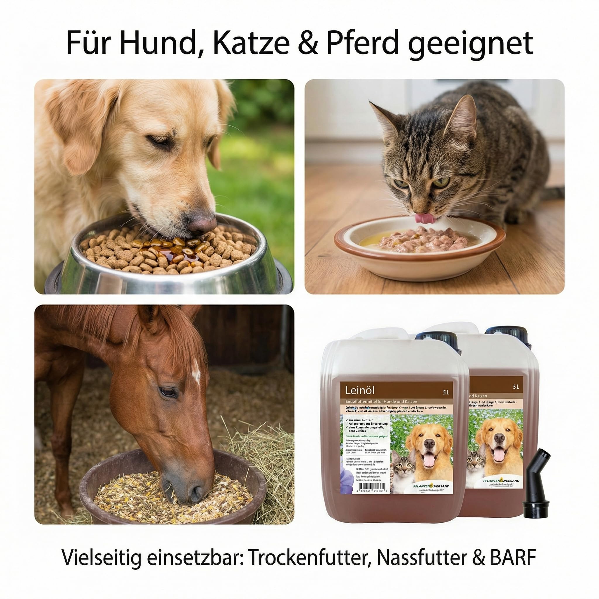 Leinöl für Hund & Katze, kaltgepresst aus Erstpressung, 100% rein ohne Zusätze, Einzelfuttermittel, Futteröl für Barf & Trocken-/Nassfutter, 2 x 5 l Vorrat inkl. Ausgießer
