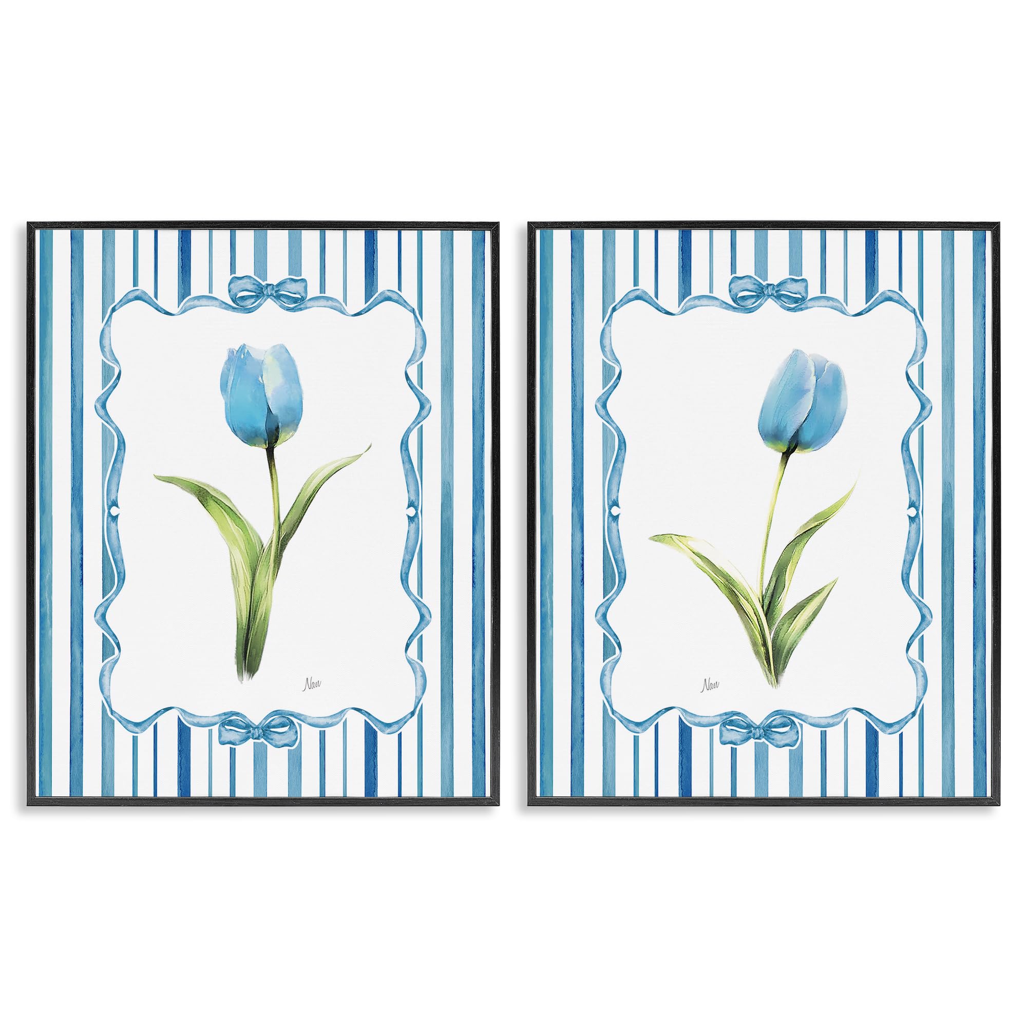 Stupell Industries Midnight Black (Textured) 'Blue Tulips With Feminine Ribbon'| 2Pc Framed Giclee Art Set 2