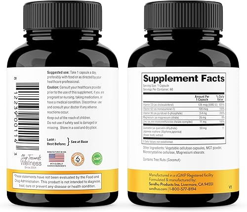 Miniatura 5 de Sandhu's Vitamina D3 K2 Magnesio 5000 IU, 120mcg K2 Cápsulas 60 unidades (paquete de 1)  con VIT B6, zinc y quercetina  D3K2 apoya la absorción