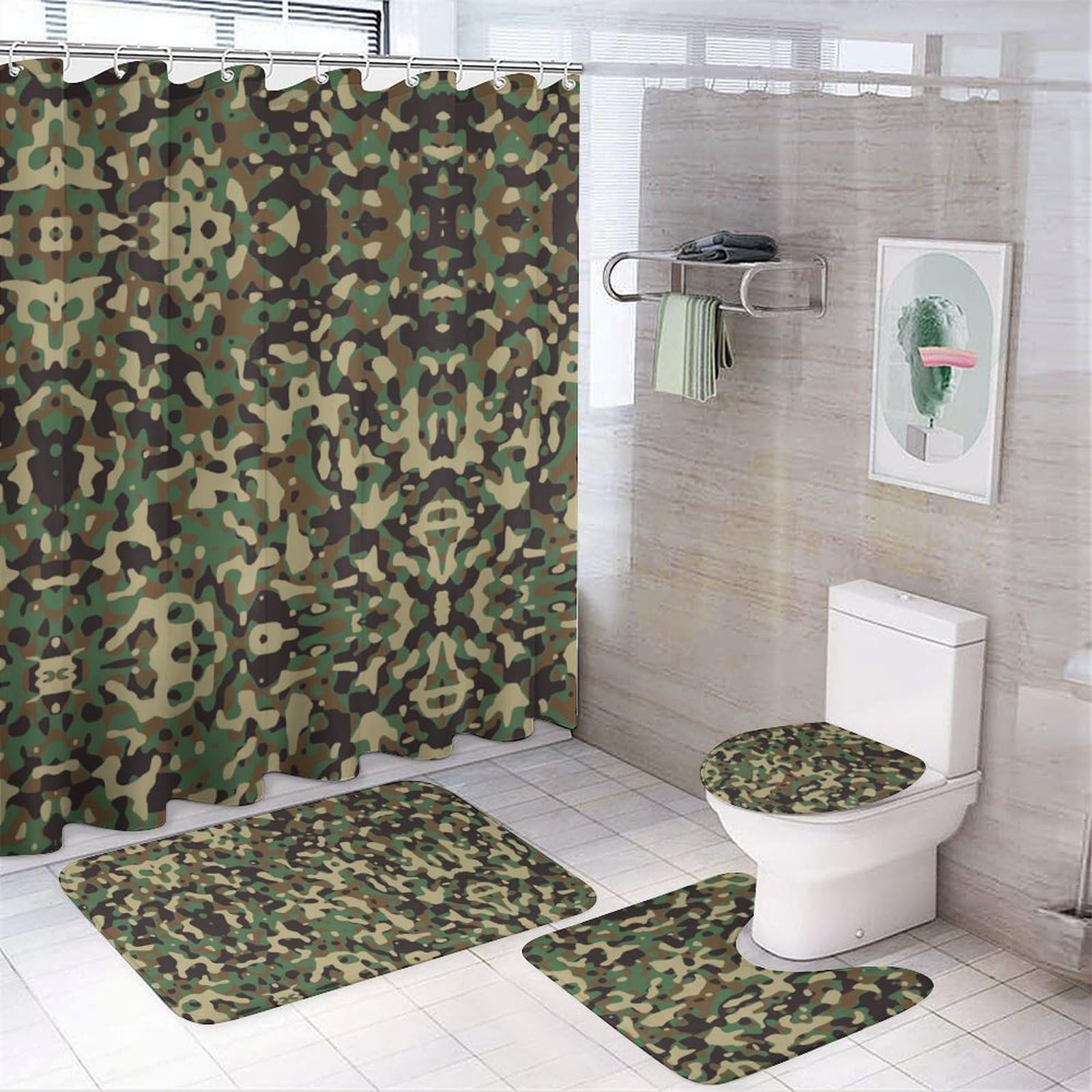 Wlntrophic Bathroom Mat Set 4 Piece, Green Camouflage Pattern Shower Curtain with Non-Slip Bath Mats for Bathroom
