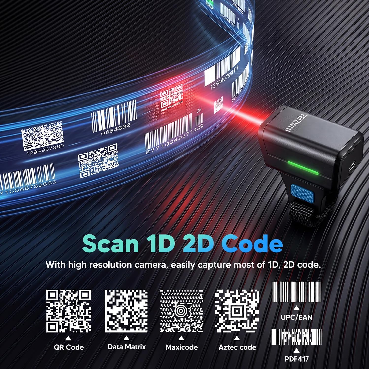 2D Finger Ring Barcode Scanner，Portable Ring Wearable Finger 1D 2D Mini Bar Code Reader Scanner Bluetooth & 2.4G Wireless & USB Wired Connection， Left & Right Hand Wearable with Android,iOS,iPhone