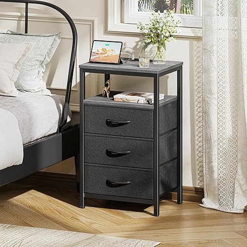 Miniatura 2 de Huuger Nightstand with Charging Station, 27.6 Inch End Table Bedside Table with USB Ports and Outlets, Fabric Drawers, Night Stand for Bedroom
