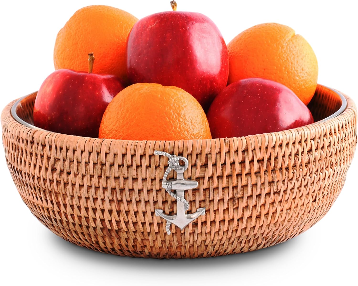 Vagabond House Handmade Eco-Friendly Rattan Serving Bowl with Pewter Anchor and Removable Glass Dish - Classic Stylish Fruit Basket for Kitchen, Ideal for Beach House Fruit Salads and Fruits