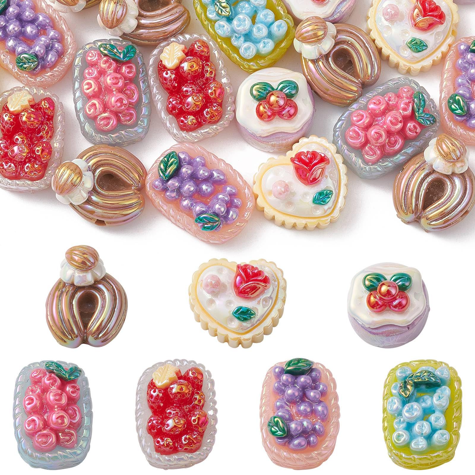 Stiesy 30Pcs Mixed Resin Cake Beads Imitation Food Bead Cute Fruit Cream Cake Spacer Beads for Jewellry Making DIY Bracelet Crafting Ornaments