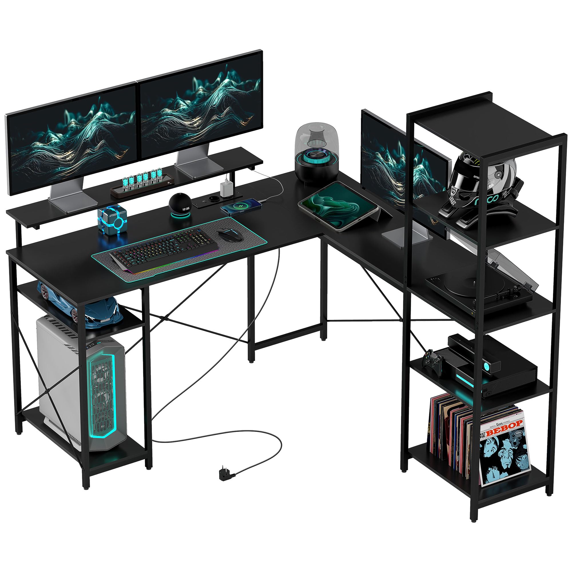 HOMCOM Eckschreibtisch L-förmig mit integrierter Ladestation und Monitorständer – Schwarz, 137 × 140 × 139,5 cm