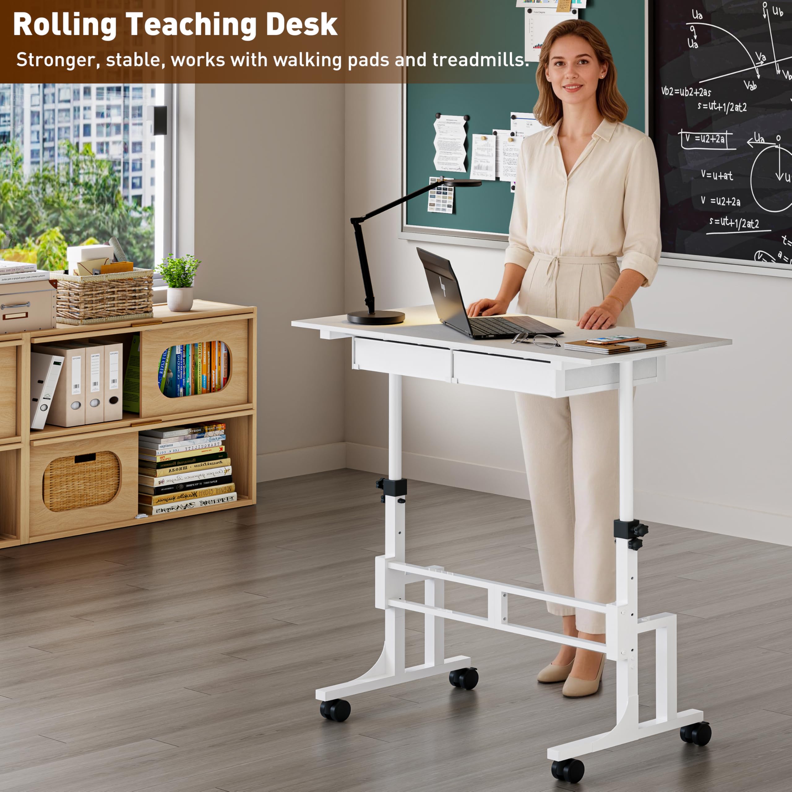 Height Adjustable Standing Desk with 2 Drawers Small Sit Stand Up Desk with Wheels Portable Rolling Desk for — view 5