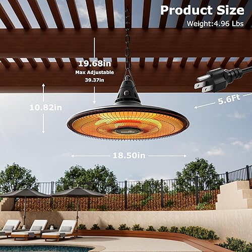 Miniatura 4 de Calentador colgante eléctrico de techo para patio de 1500 W con control remoto, infrarrojo para patio, garaje, patio, protección contra Negro,Marrón