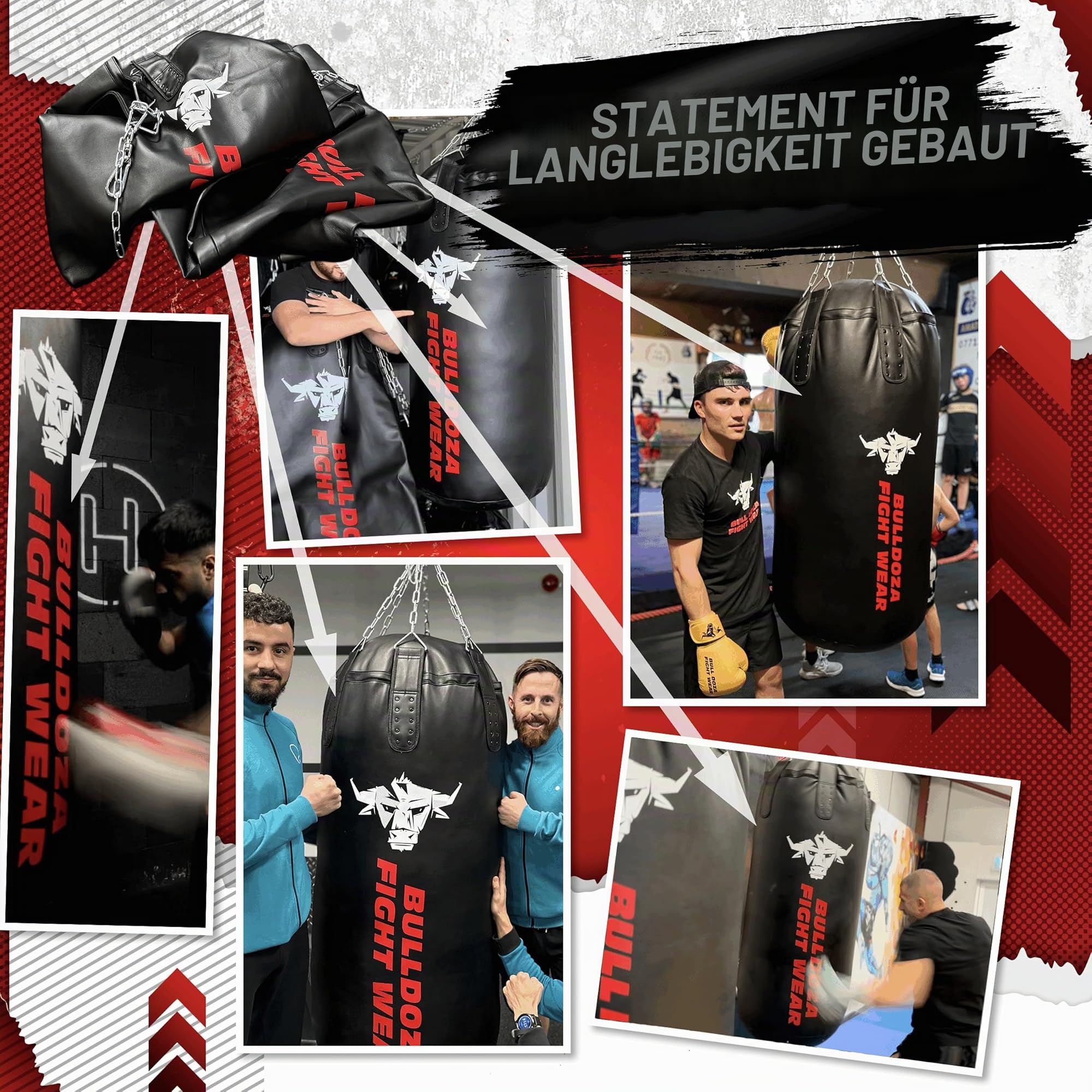 Jumbo Riesiger XXL Bull Doza Fight Wear Heavy Duty Self-Fill Punchingbag Boxsack mit Aufhängeketten, Drehgelenk, Karabiner, Boxsack für MMA, Kickboxen, Muay Thai, Kampfsport