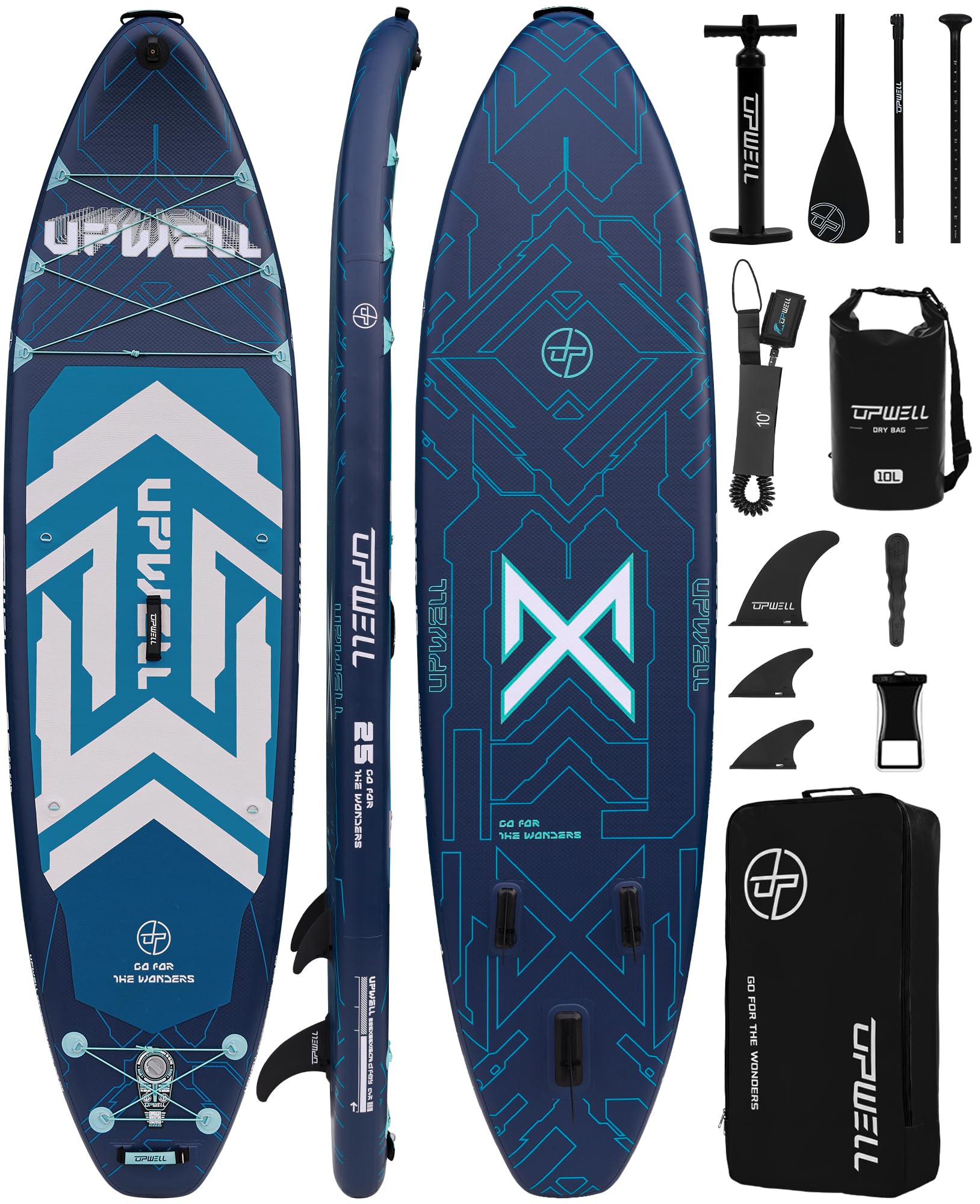 UPWELL 11'6"×35" Extra Wide Inflatable Paddle Board, Stand Up Paddle Board for Youth &amp; Adults, Stable Design, Premium SUP Accessories, 120L Backpack, 10L Dry Bag, Paddle, Leash, Hand Pump, US Fins