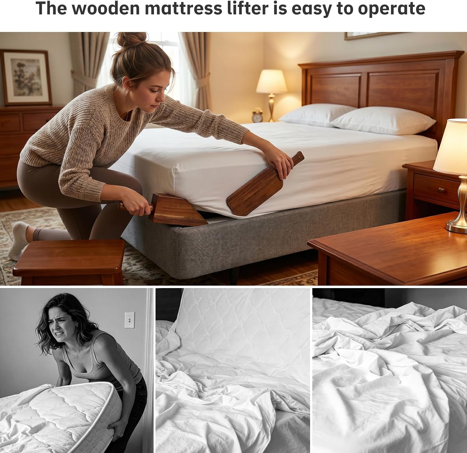 2 Piece Mattress Lifter Tool for Changing Sheets-Wooden Bed Sheet Tucker Tool for Seniors Caregivers Housekeepers & Arthritis sufferers