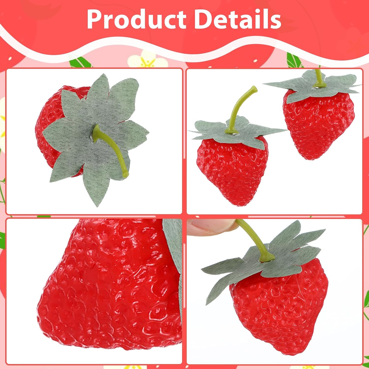120Pcs Artificial Strawberries, Faux Realistic Strawberry Decor 1.38in Fake Lifelike Fruit Red Strawberries with Green Leaves for Home Kitchen Party Photography Prop