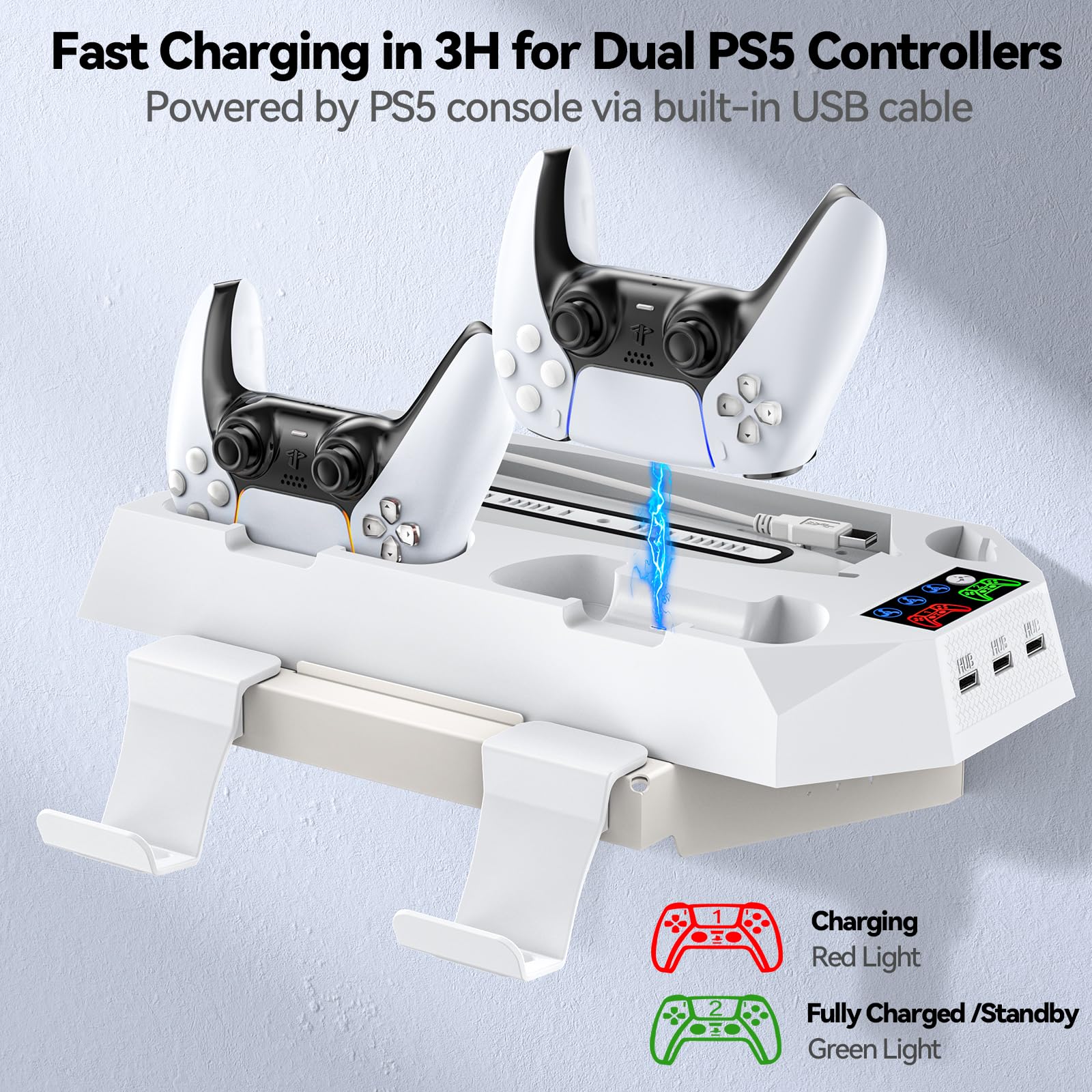 Tokluck Supporto Parete per PS5 con Raffreddamento, Base di Ricarica per PS5 Controller, Supporto per PS5 Muro con Supporto per Controller e 3 USB HUB