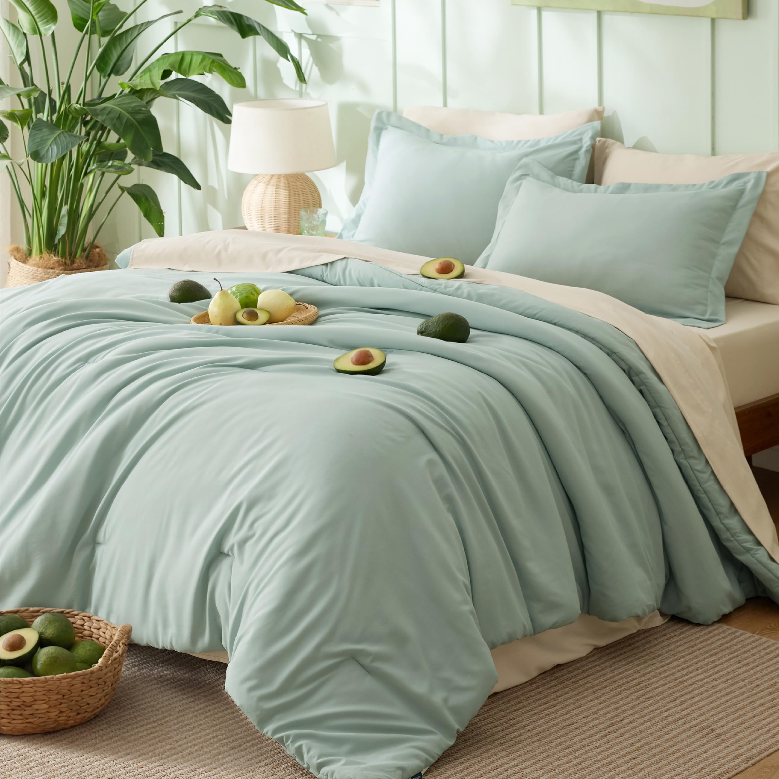 Bedsure Queen Comforter Set - 7 Pieces Sage Green Queen Bedding Set for All Seasons, Boho Contrasting Design Bed in a Bag with Comforter, Sheets, Pillowcases & Shams