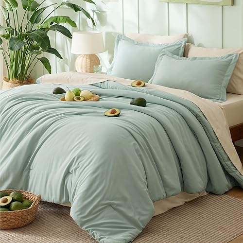 Bedsure King Size Comforter Set Sage Green, 7 Pieces Lightweight King Bedding Sets Boho, Bed in a Bag with Comforter, Sheets, Pillowcases & Shams, Contrasting Design