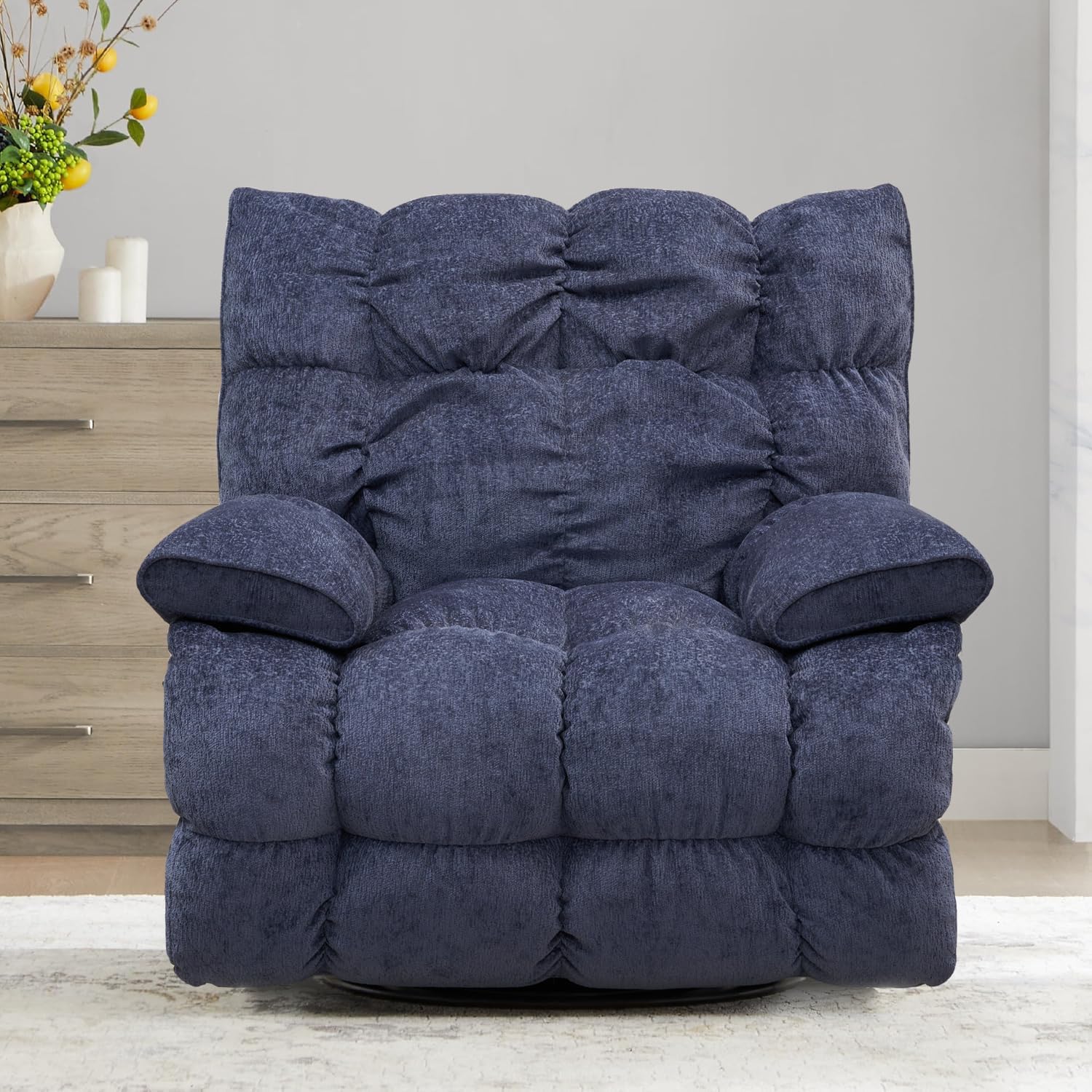 Dozzy Oversized Rocker Recliner Chair,Overstuffed Rocking Chair with Breathable Velvety Fabric, Soft Padded Headrest and Armrest, Manual Recliner Extra Large Living Room Chair Up to 350 LBS (Blue)